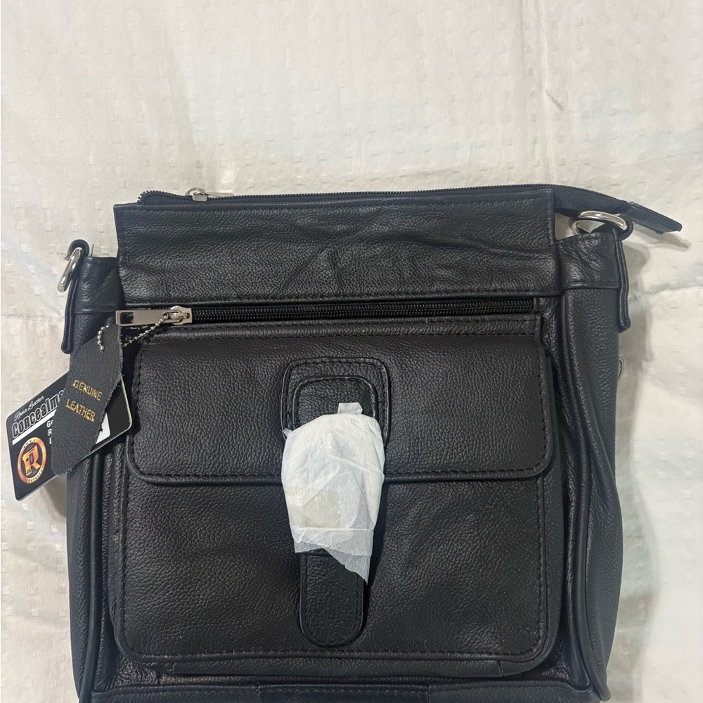 Genuine Leather Black Crossbody Bag - concealed weapon compartment with lock